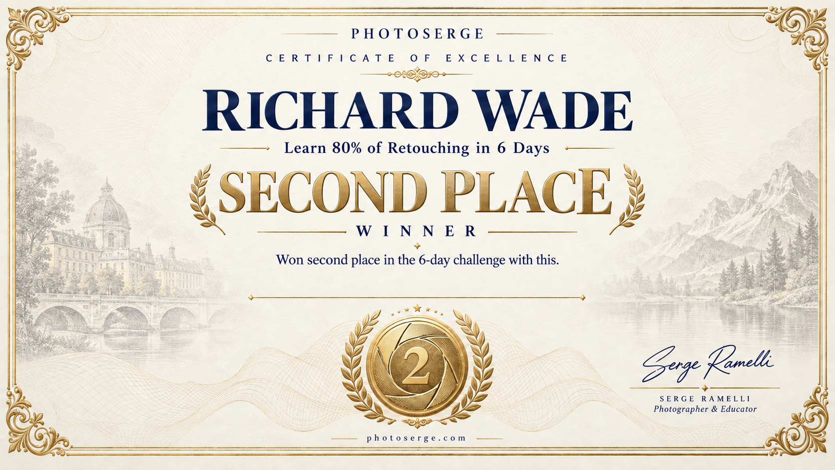 Photo Serge second-place Certificate of Excellence for Richard Wade in the six-day retouching challenge