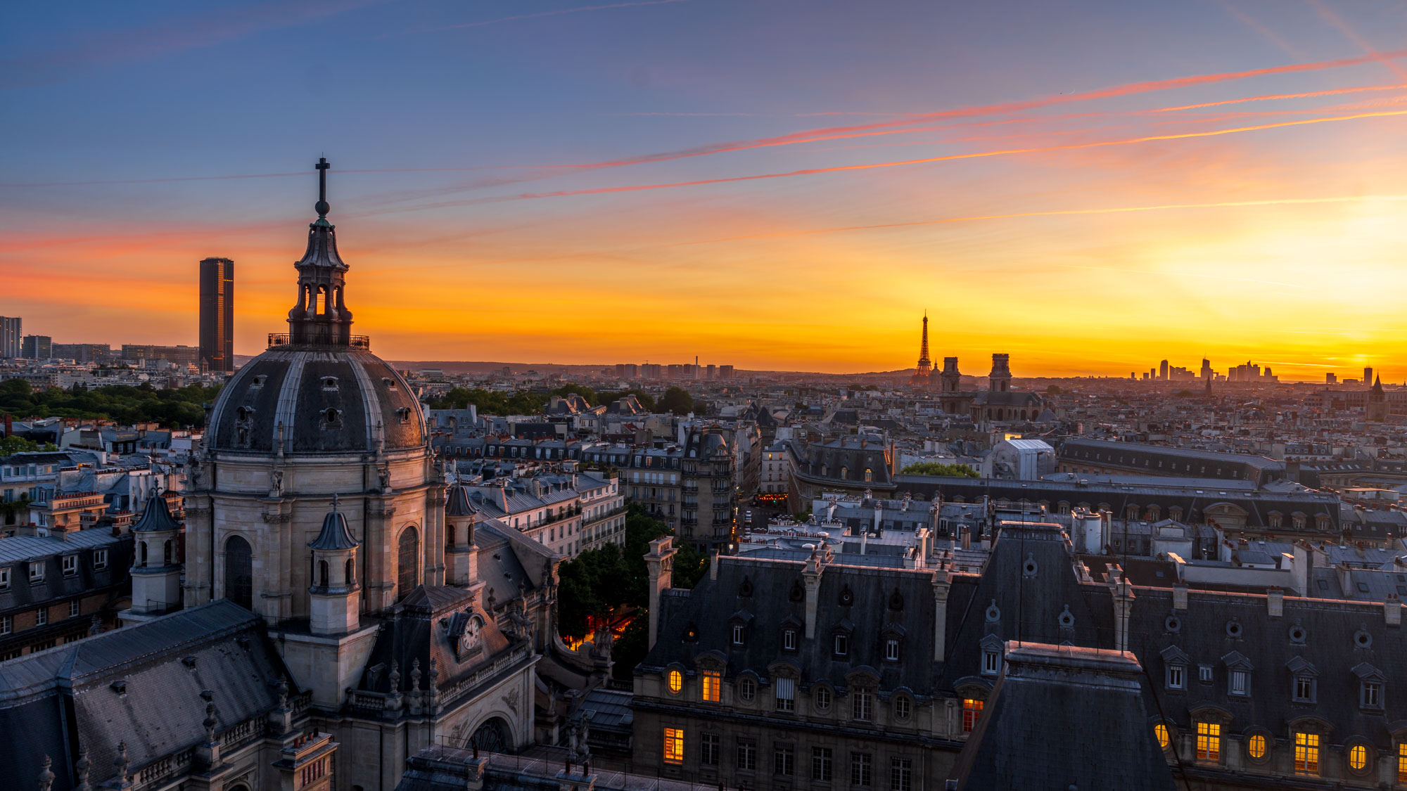 The Paris skyline at sunset, photographed and retouched by Serge Ramelli